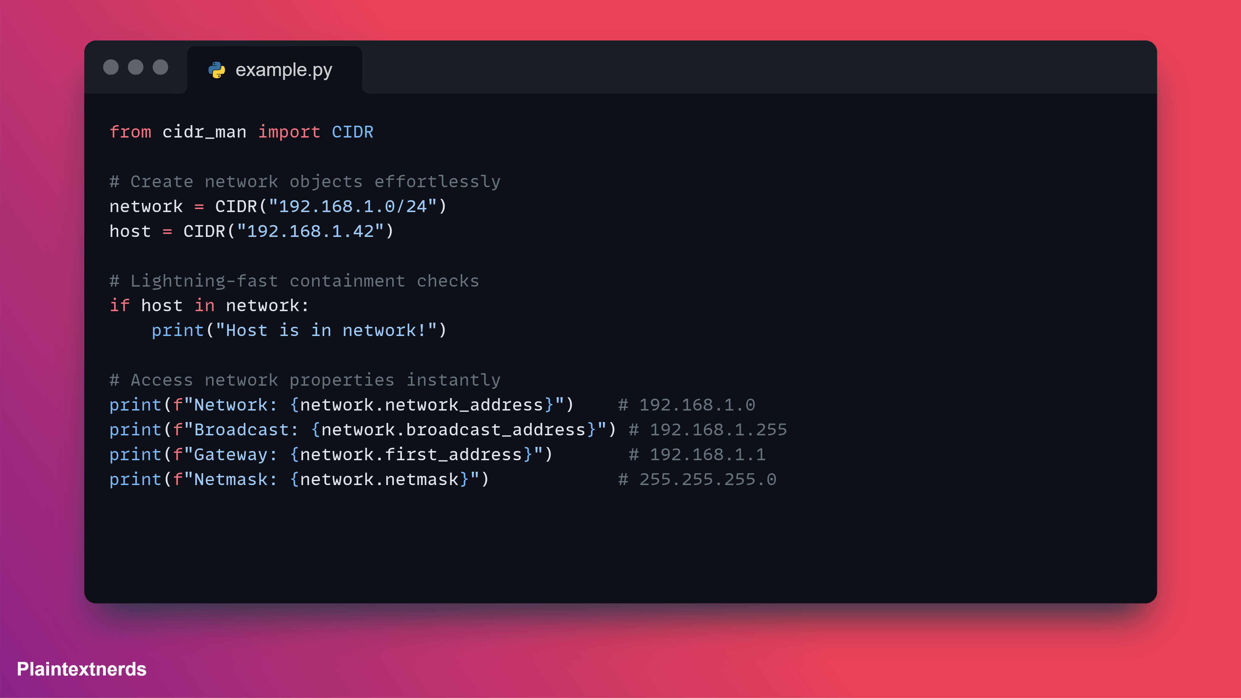 An attractive screenshot of the example code from the repo